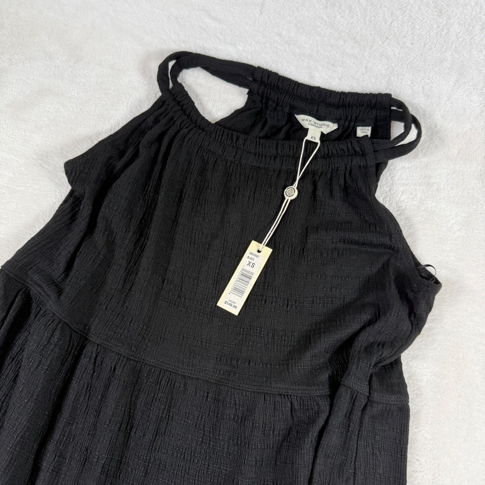 Max Studio London Black Tiered Maxi Dress Textured Gauze Sleeveless XS 4902S62